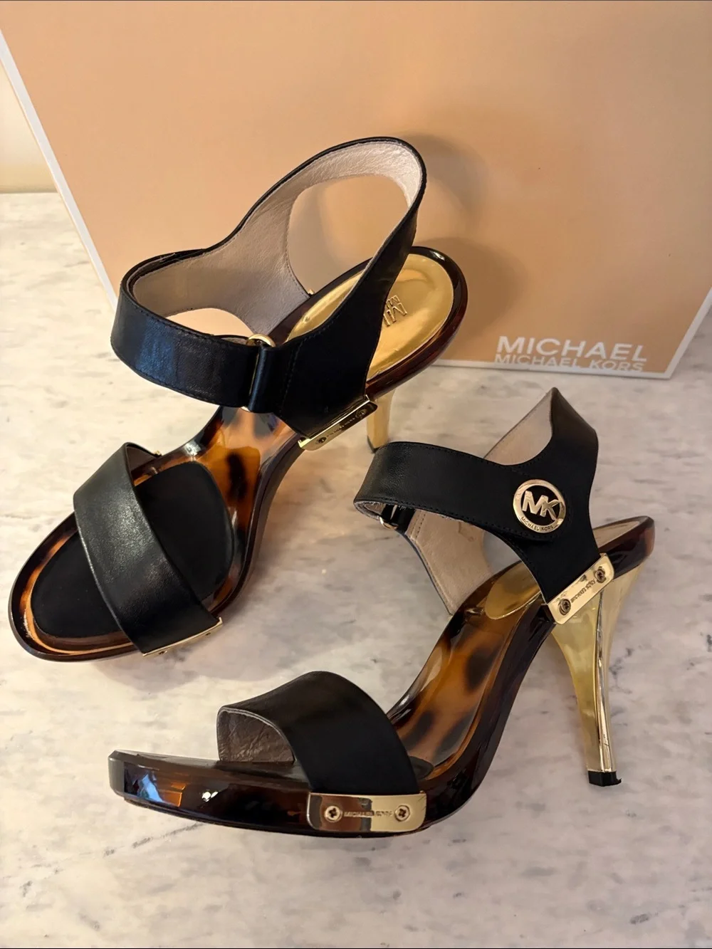 Michael Kors Black Leather Lani Sandals with Gold Accents size 9